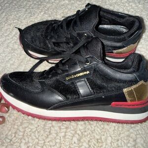 Dolce & Gabbana Black Gold Trim Platform Sneakers with Red Sole